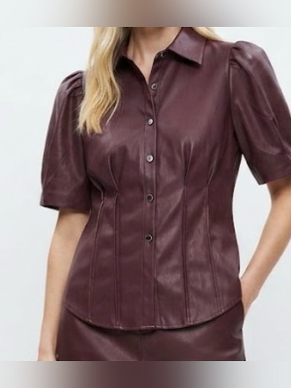 Rachel Zoe Burgundy Faux Leather Button-Down Puff Sleeve Top